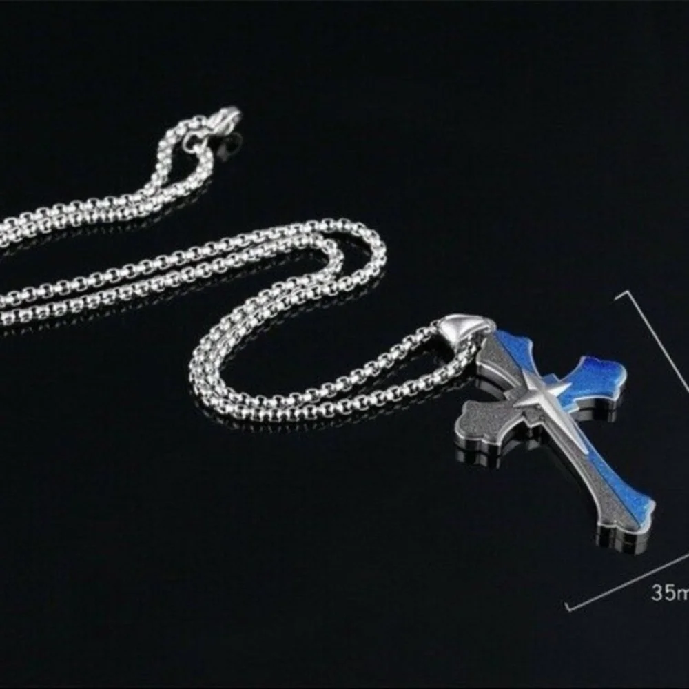 Mens Sliver‎ Cross Pendant Necklace Stainless Steel Titanium Blue Black 24